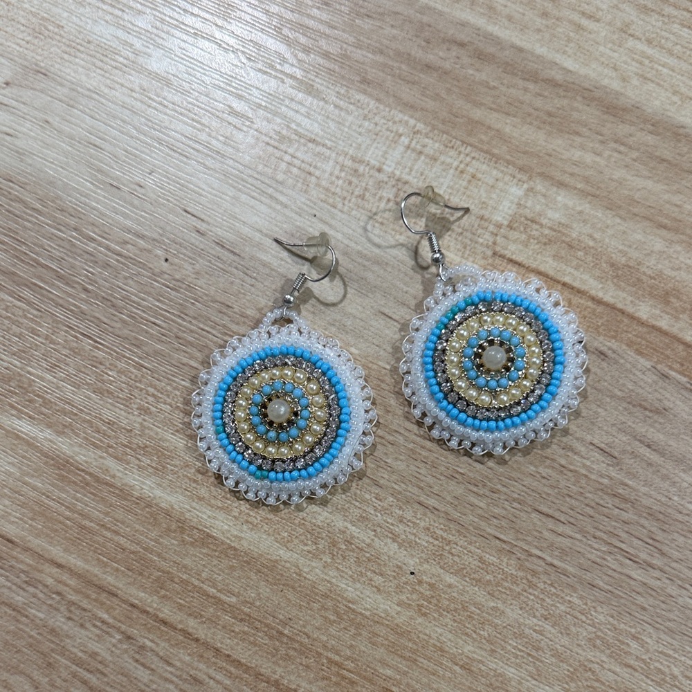Native American Beaded Blue and Pearl Earrings